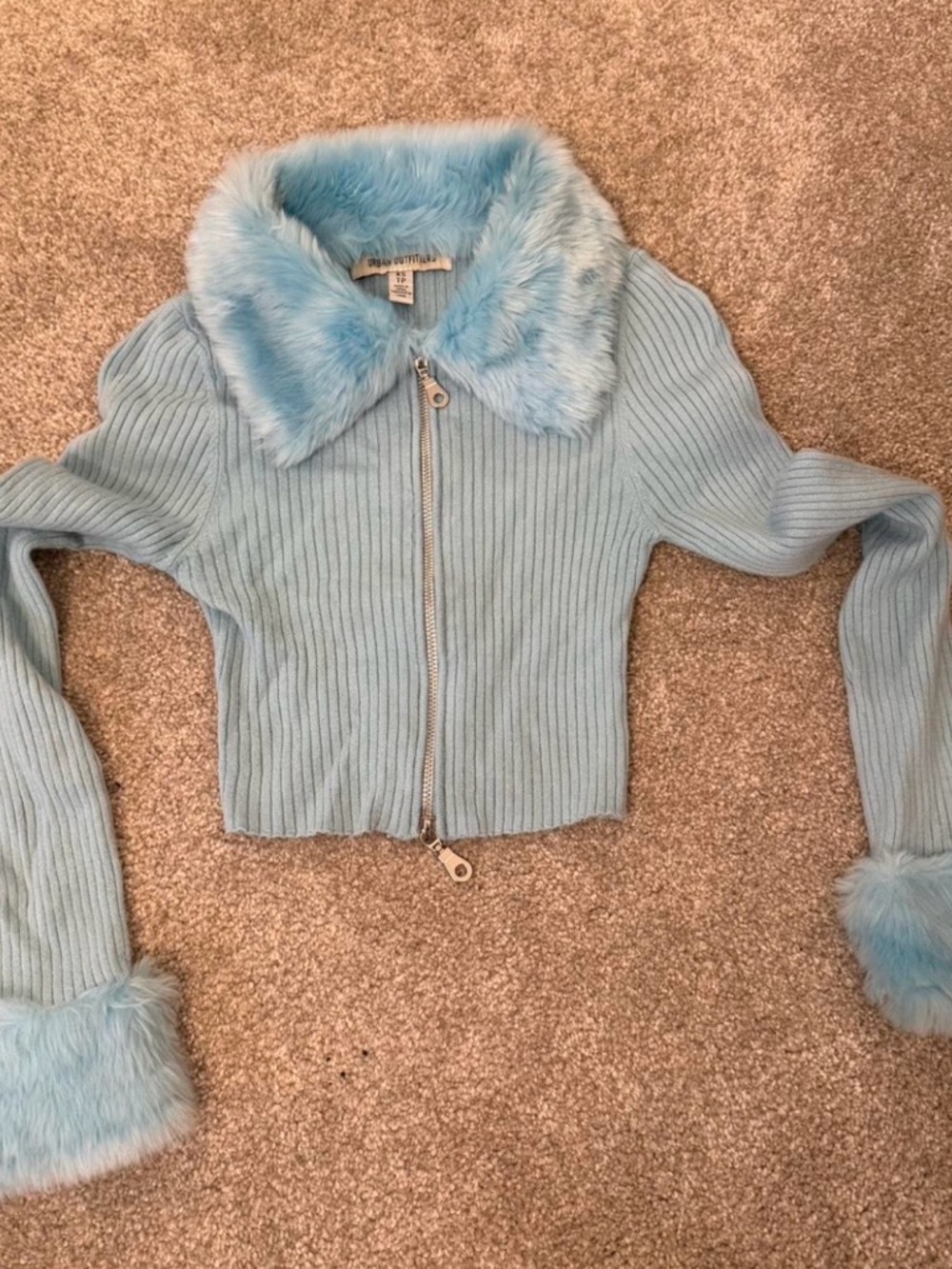 Urban Outfitters Sky Blue Ribbed Zip-Up Sweater with Plush Collar
